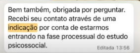 Depoimento enviado por cliente à Thuany Braz.